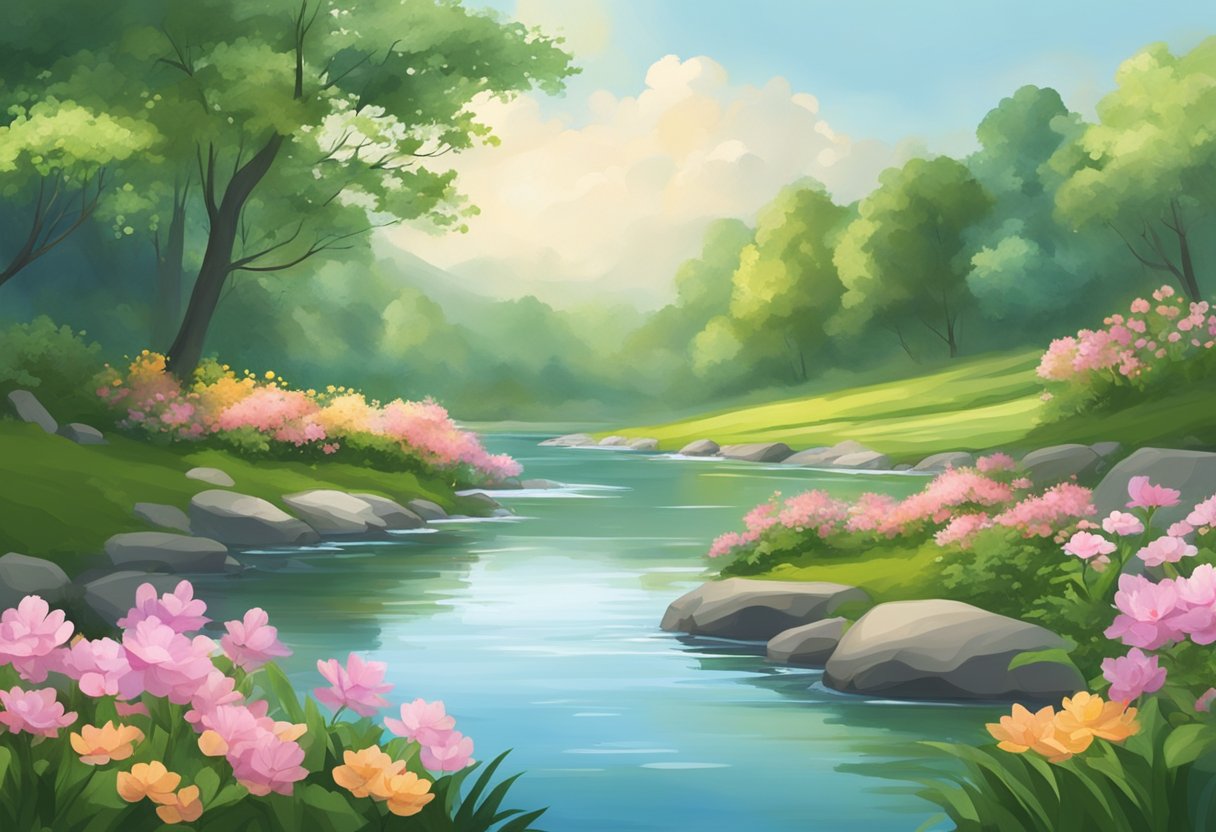 Un paysage serein avec une rivière qui coule, entourée de verdure luxuriante et de fleurs en fleurs. Un cadre paisible et harmonieux qui évoque un sentiment de calme et de tranquillité.