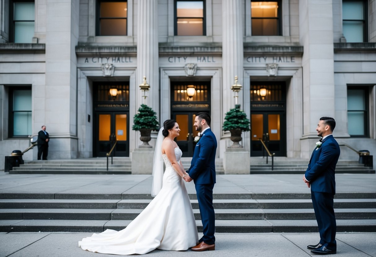 A couple standing in front of a city hall, with a wedding officiant waiting to perform a quick marriage ceremony