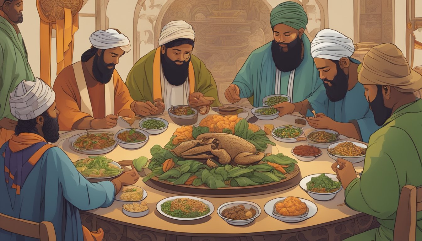 A group of people gather around a table, with various cultural and religious symbols displayed. Instead of frog legs, they use alternative substitutes for their traditional dish