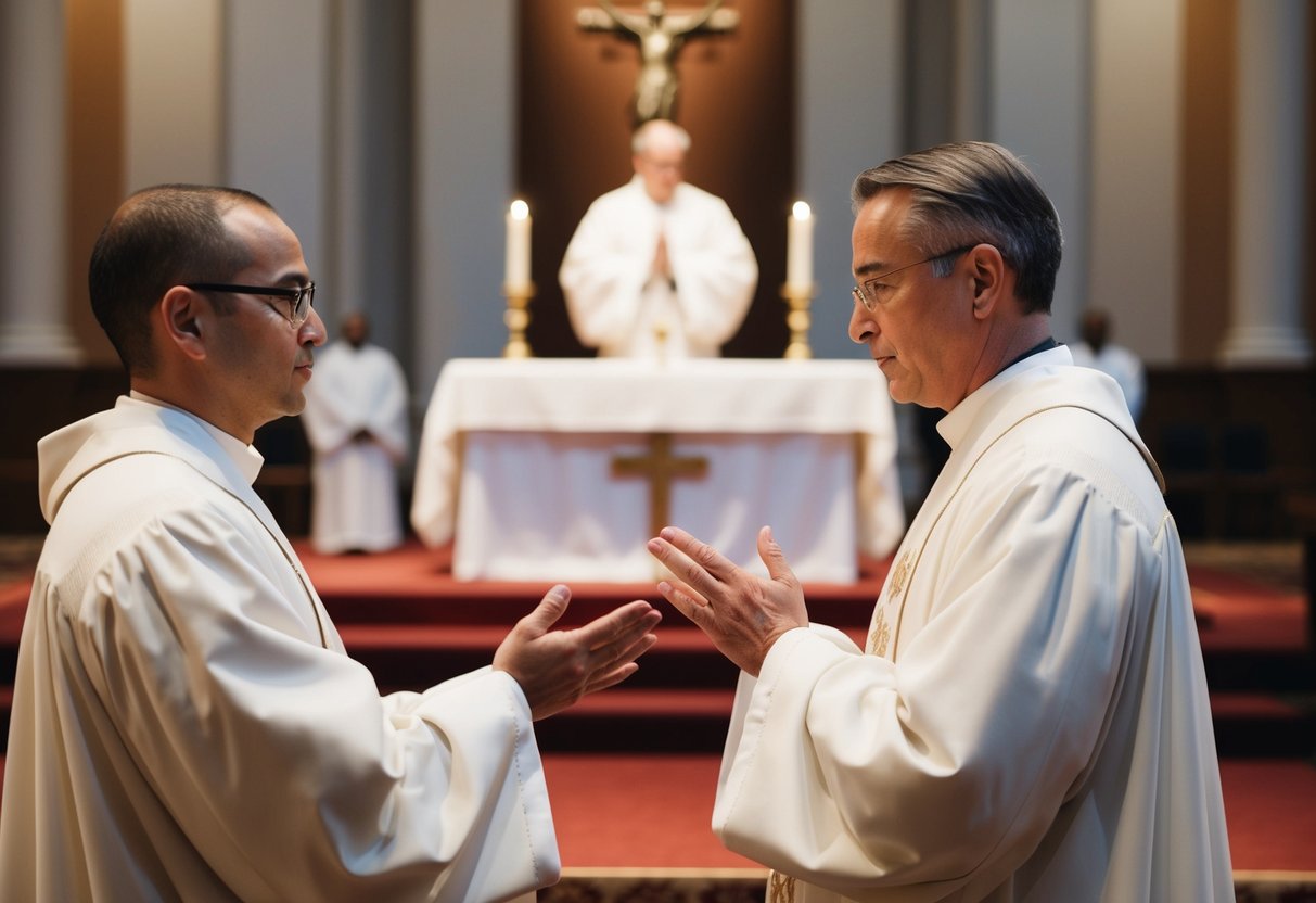A figure standing before an altar, mirroring the officiant's gestures. A sense of reverence and concentration in the air