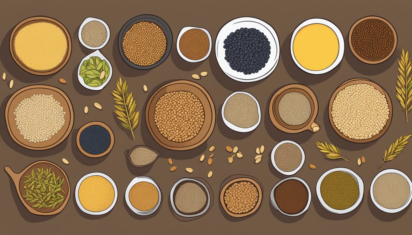 A variety of grains and seeds arranged on a wooden table, including quinoa, amaranth, and millet, with a bowl of fonio in the center