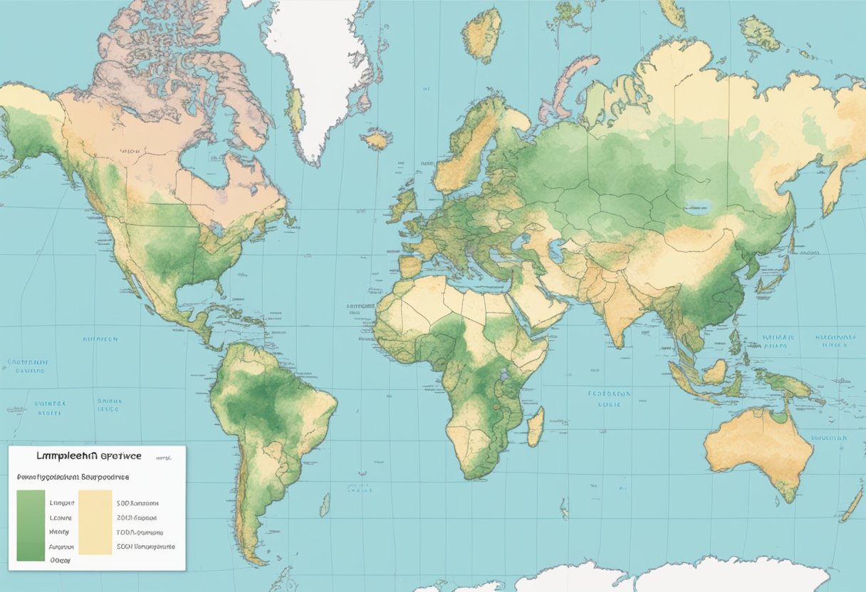 Une carte du monde avec des régions surlignées montrant des taux de prévalence du lymphœdème variés