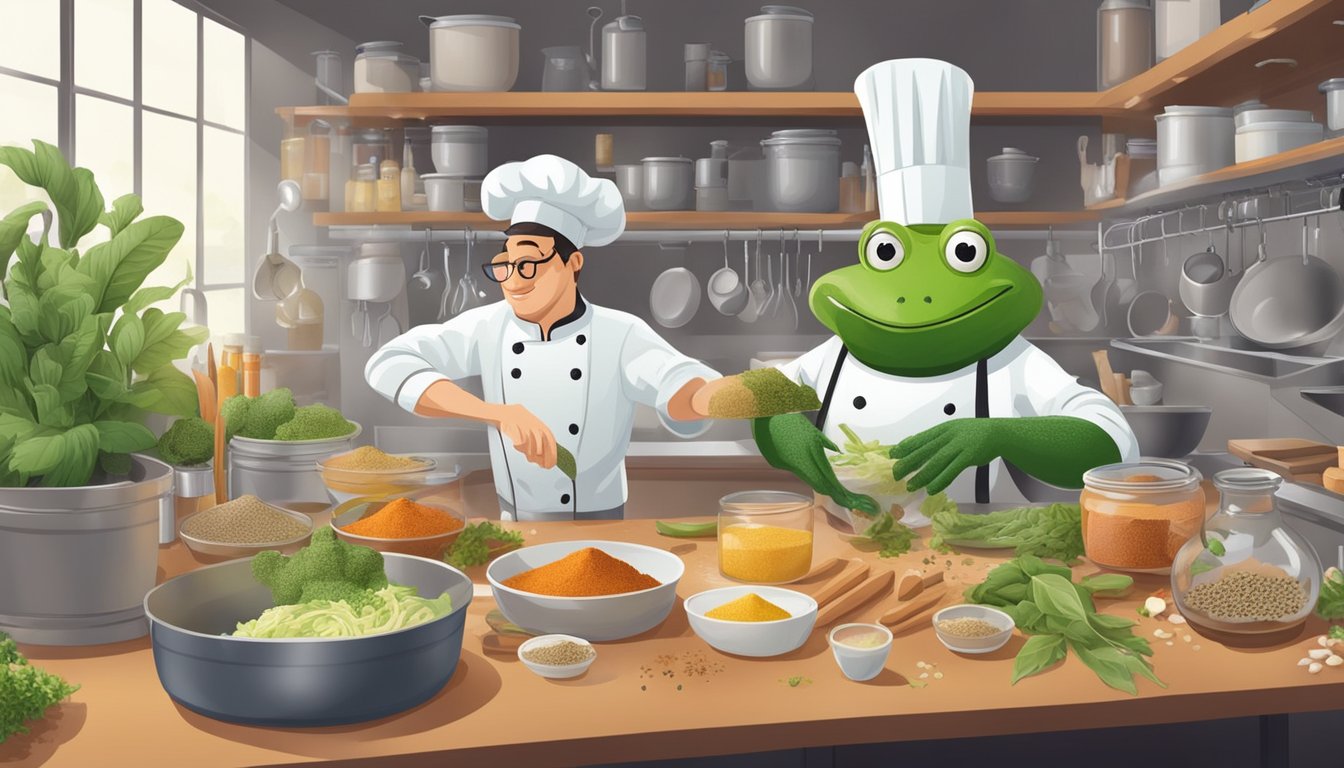 A chef experimenting with various ingredients and spices in a bustling kitchen, searching for suitable substitutes for frog legs in recipes