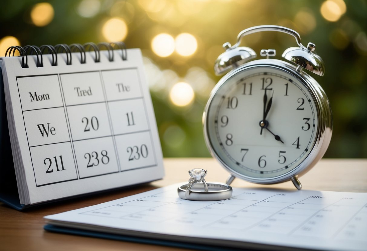A calendar with days crossed off, a clock showing a short time frame, and a wedding ring