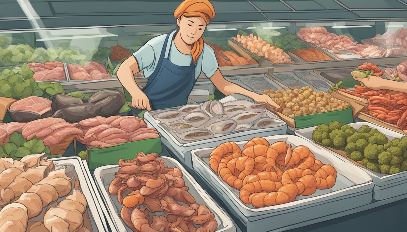 A person comparing different types of meat and seafood at a market, with a focus on frog legs substitutes