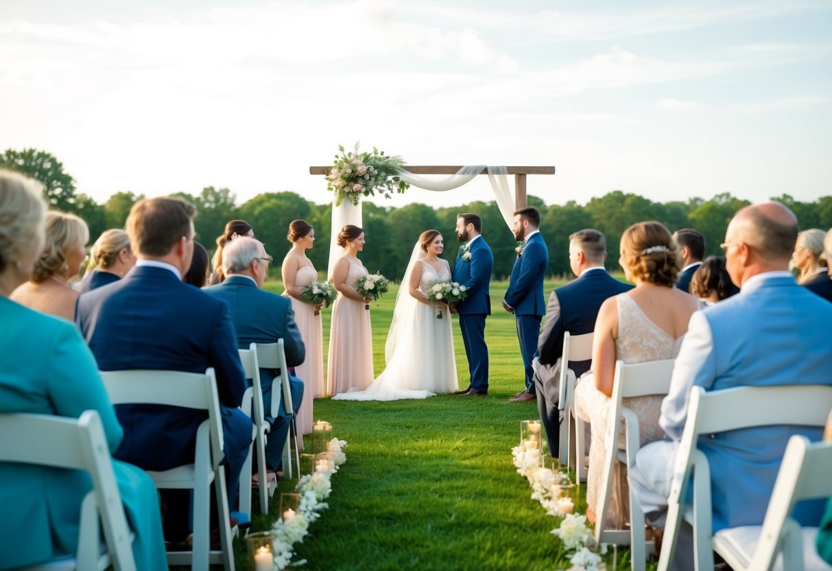 A simple outdoor wedding ceremony with minimal decorations and a small guest list