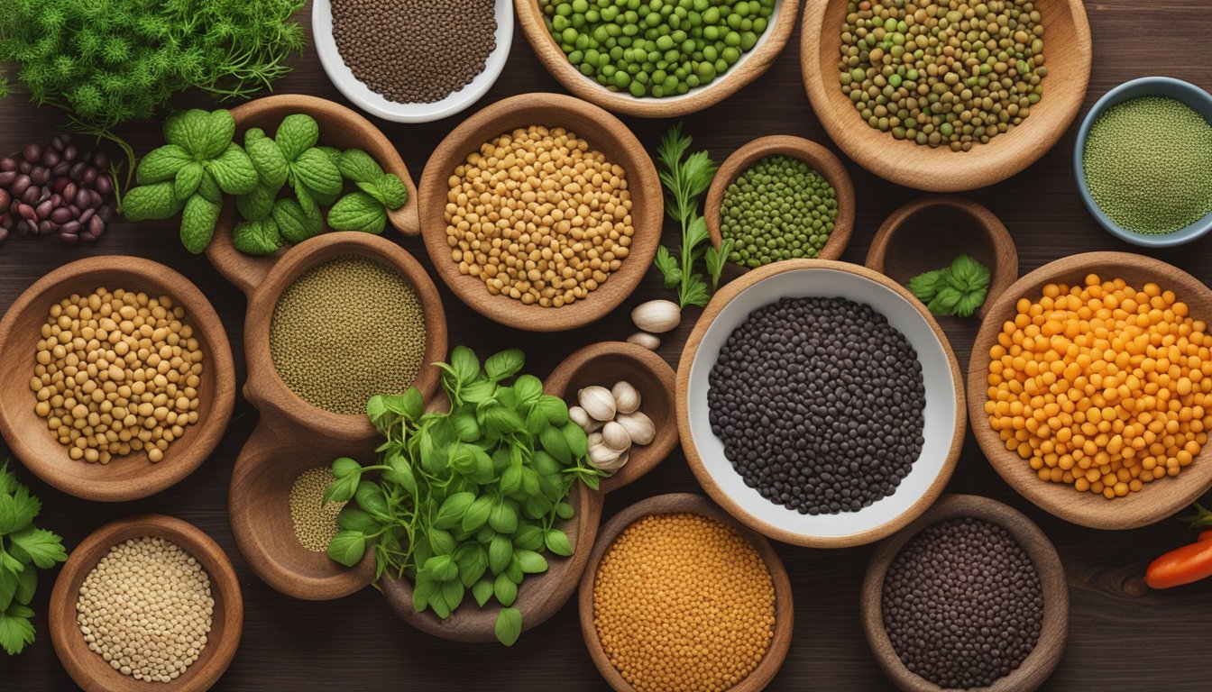 A rustic wooden table with a variety of alternative lentils displayed in small bowls, surrounded by fresh herbs and vegetables