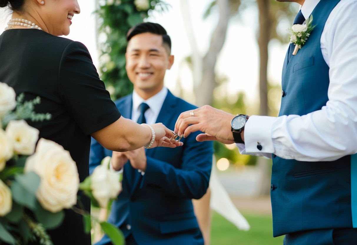 A person holding a ring, kneeling in front of an officiant with a warm smile