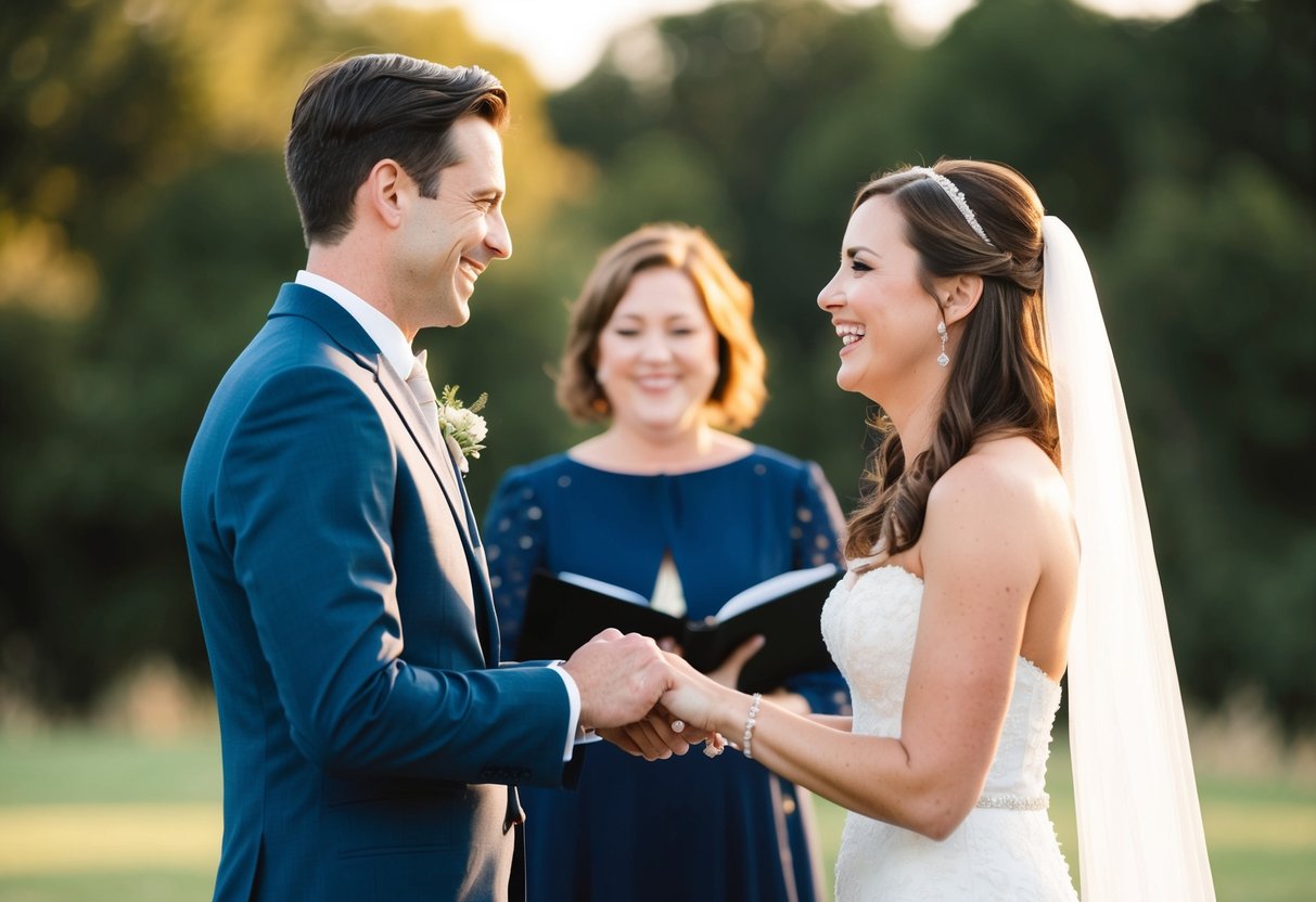 A couple joyfully exchanging vows in a simple, intimate ceremony
