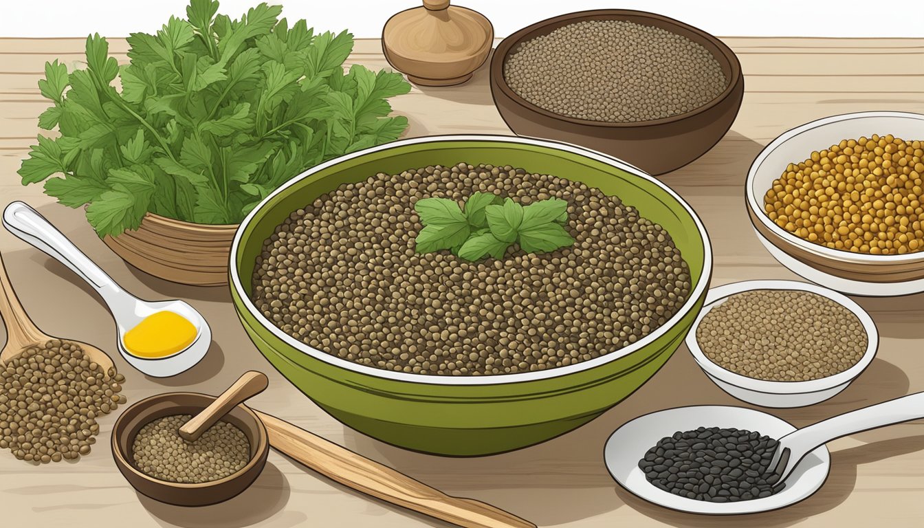 A bowl of cooked French green lentils surrounded by alternative non-legume substitutes such as quinoa, wild rice, and barley, with various cooking utensils nearby