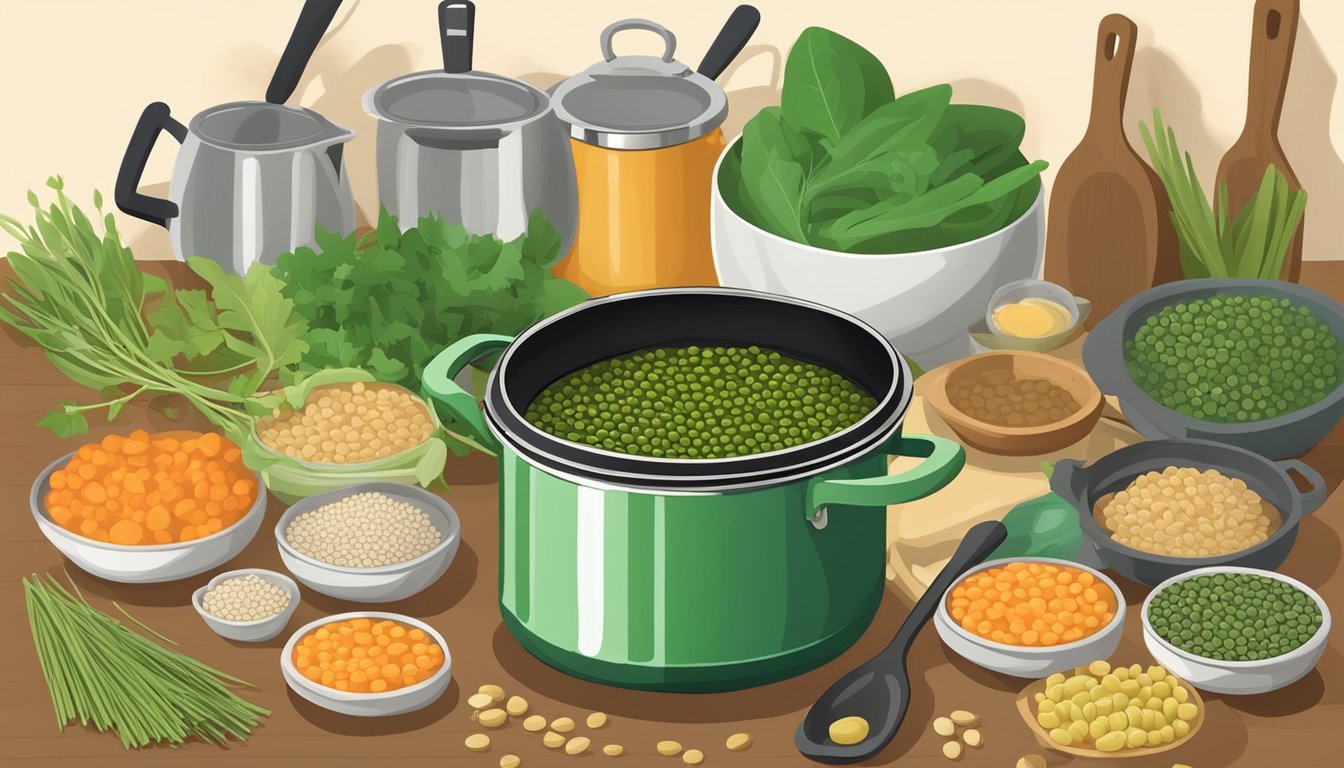 A pot of simmering green lentils on a stovetop, surrounded by various cooking utensils and ingredients