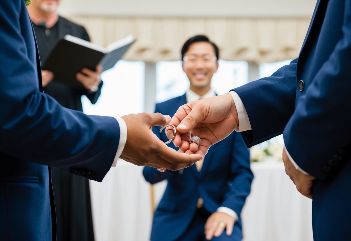 A person holding a ring, kneeling in front of an officiant with a hopeful expression