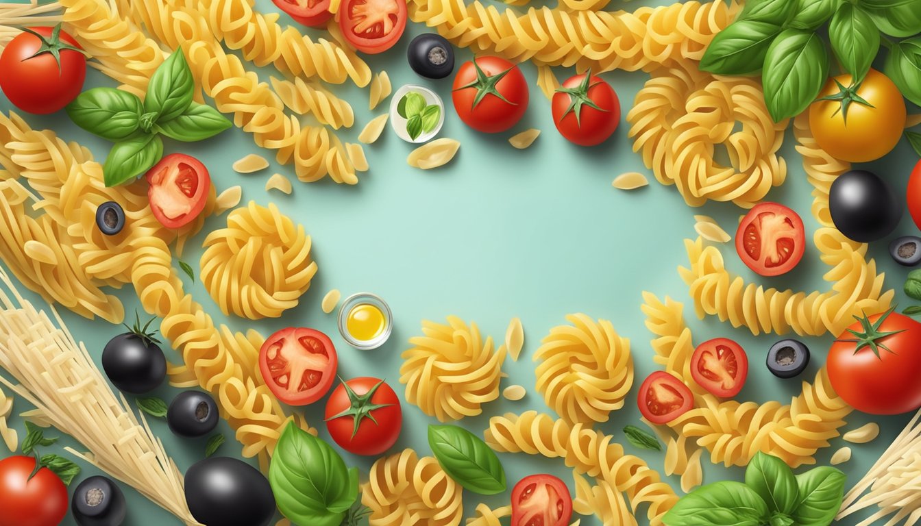 A colorful array of various fusilli pasta substitutes arranged in a circular pattern, surrounded by fresh ingredients like tomatoes, basil, and olive oil