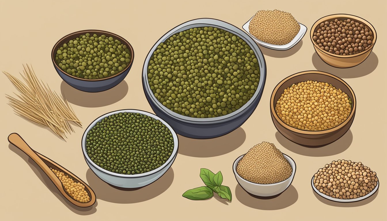 A bowl of cooked French green lentils next to various alternative substitutes such as quinoa, chickpeas, and brown rice