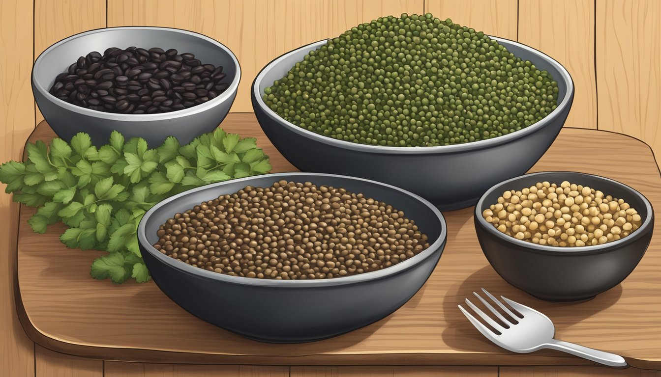 A bowl of cooked French green lentils next to alternative substitutes such as quinoa, chickpeas, and black beans on a wooden cutting board