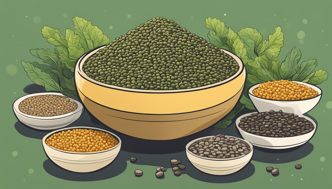 A bowl of French green lentils surrounded by various types of lentils, showcasing their interchangeability