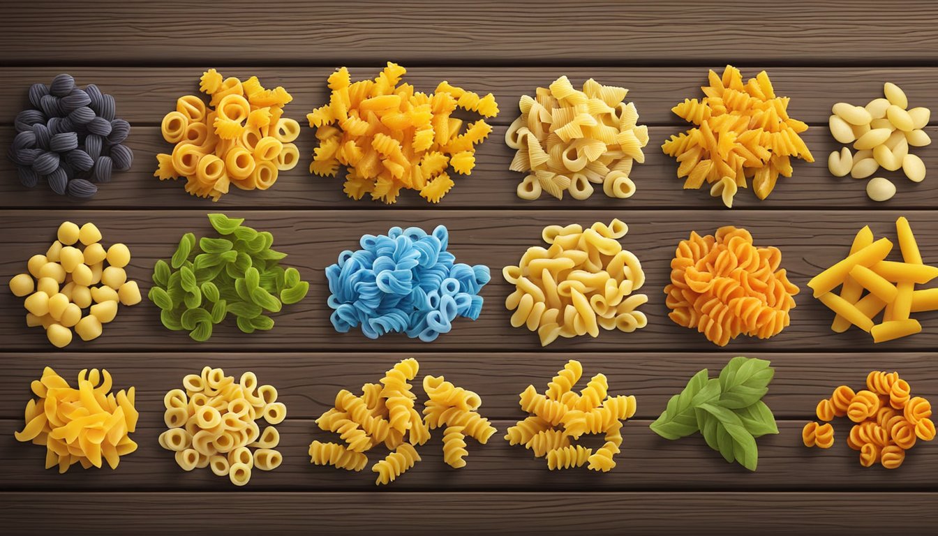 A colorful array of alternative pasta shapes, including rotini, gemelli, and cavatappi, arranged on a rustic wooden table