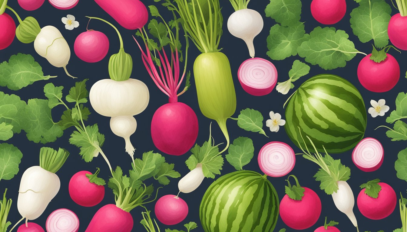 A vibrant array of alternative radishes, including watermelon, daikon, and cherry belle, arranged on a wooden cutting board