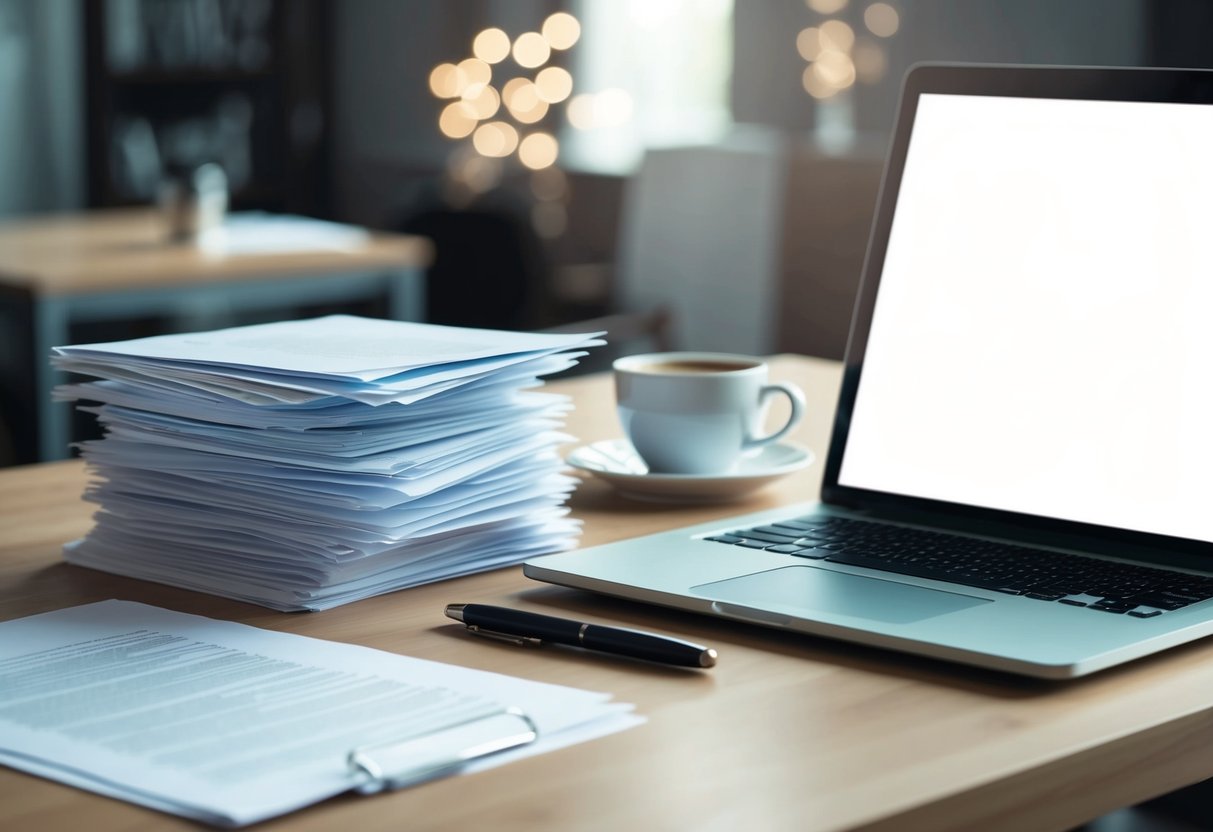 A desk with a neatly organized stack of papers, a pen, and a laptop open to a blank document, with a cup of coffee nearby
