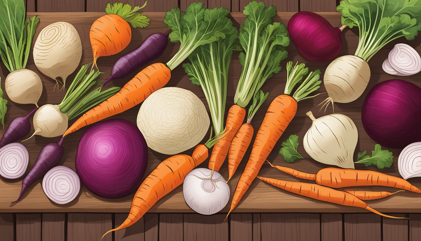 A colorful array of root vegetables, including carrots, turnips, and beets, arranged on a wooden cutting board