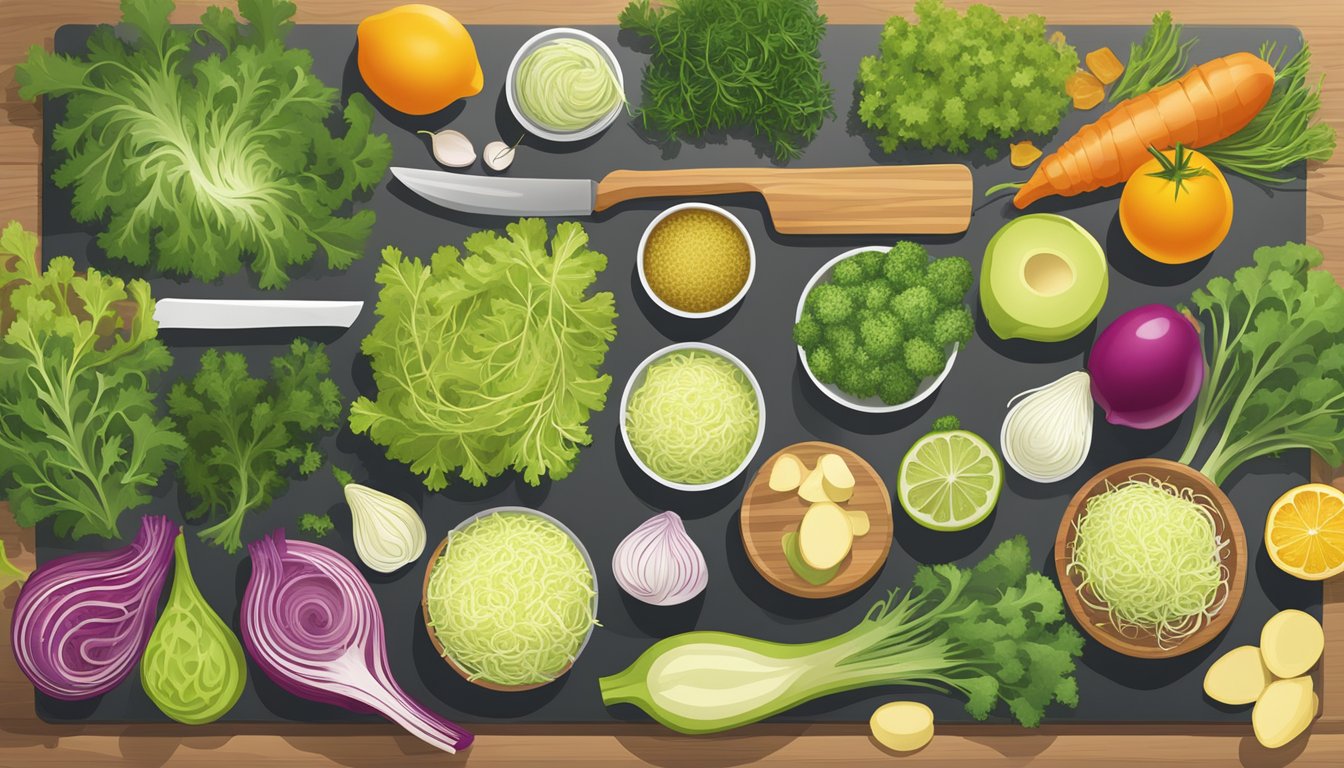 A colorful array of frisée and potential substitutes arranged on a wooden cutting board