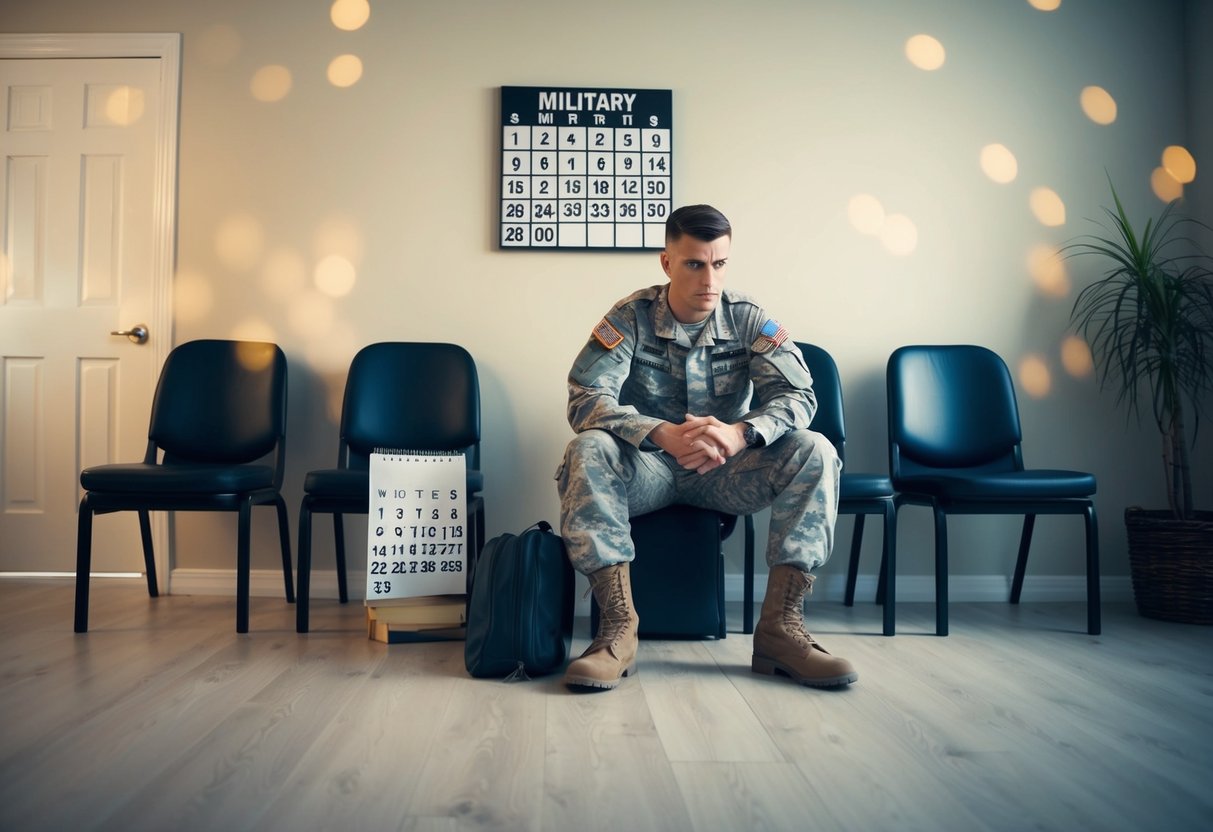 A military man's spouse waits alone at home, surrounded by empty chairs and a calendar counting down the days until his return