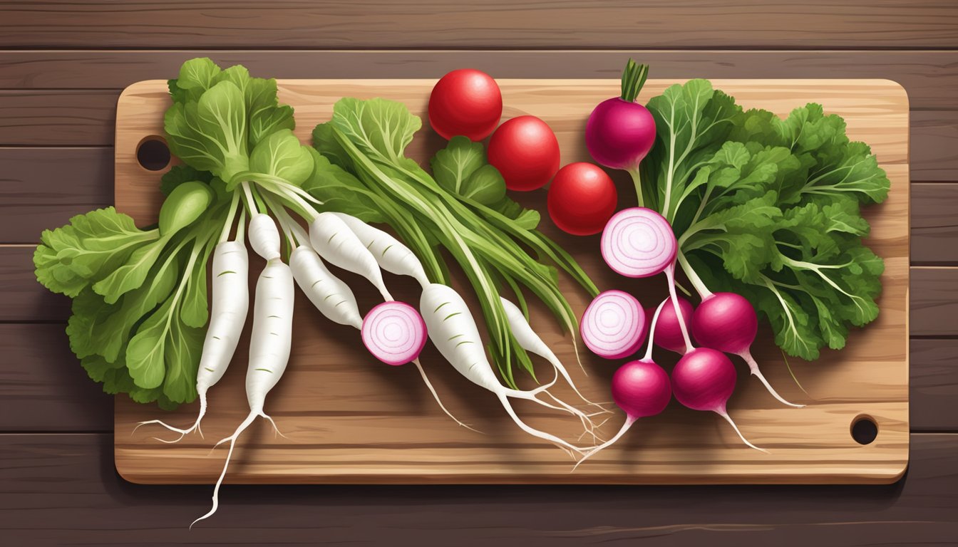 A colorful array of fresh vegetables, including vibrant red and white French breakfast radishes, arranged on a rustic wooden cutting board