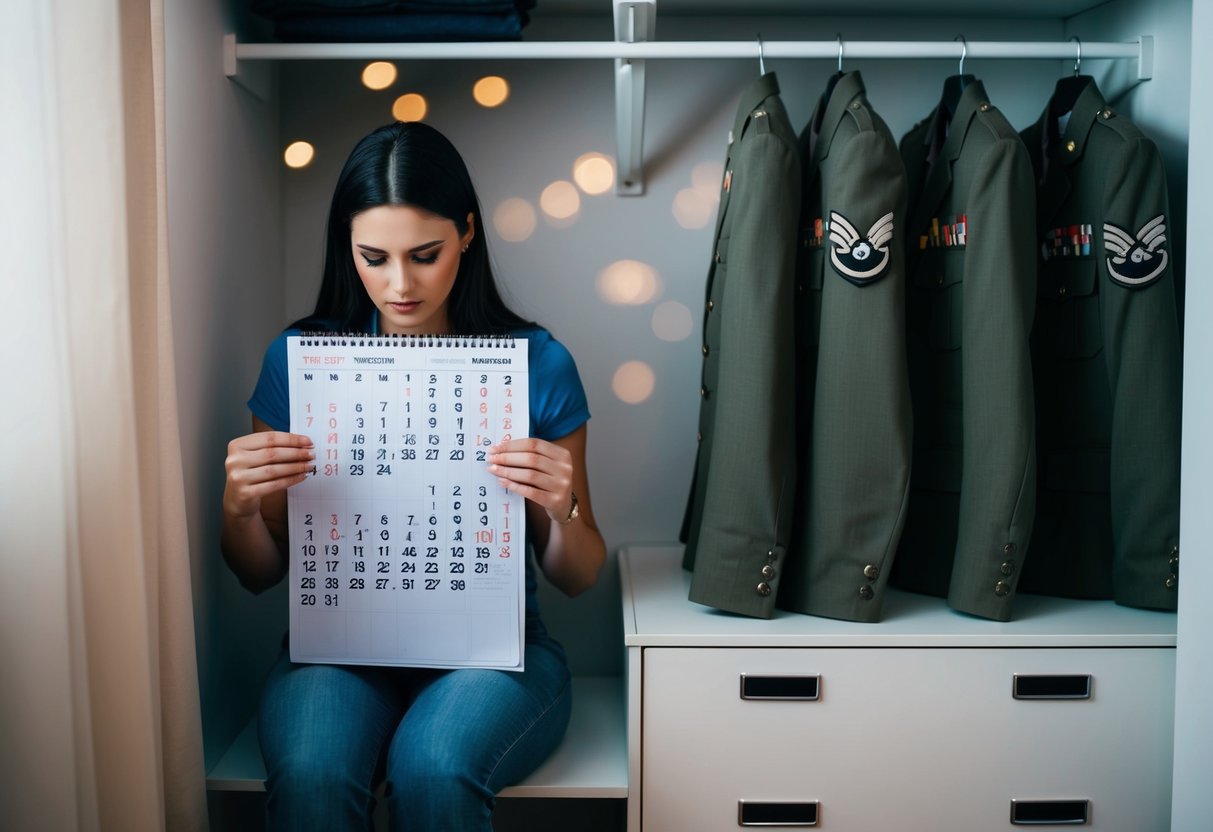 A woman sits alone, staring at a calendar filled with missed dates and deployments. Uniforms hang in the closet, untouched