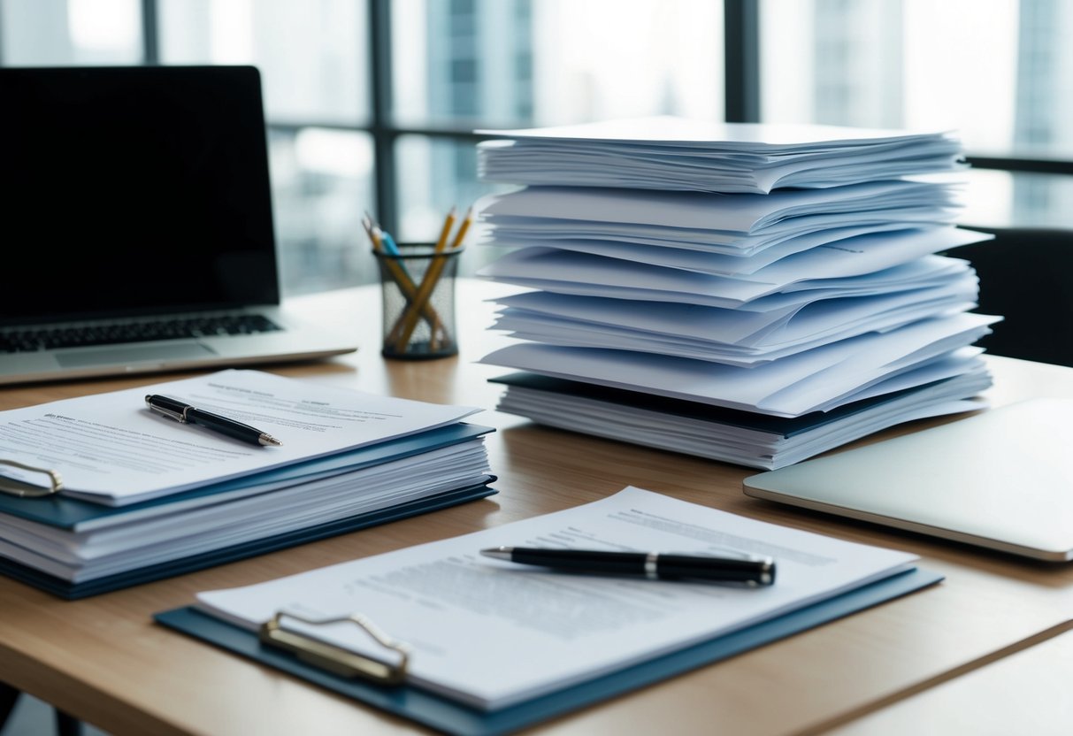 A desk cluttered with legal documents, a laptop, and a stack of proposal drafts. A pen and notepad sit ready for note-taking