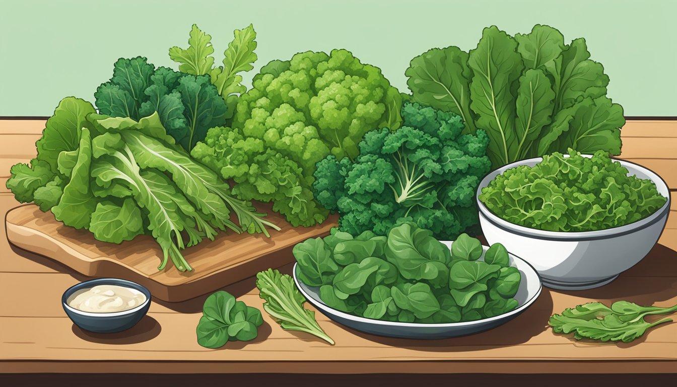 A variety of leafy greens arranged on a cutting board, including kale, spinach, and arugula, with a bowl of mixed greens in the background