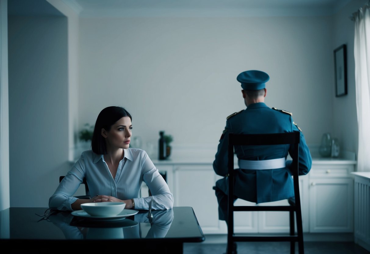 A woman sits alone at a dinner table, while a military man's empty chair looms over her. The room feels empty and cold, emphasizing the loneliness and separation that can come with marrying a military man