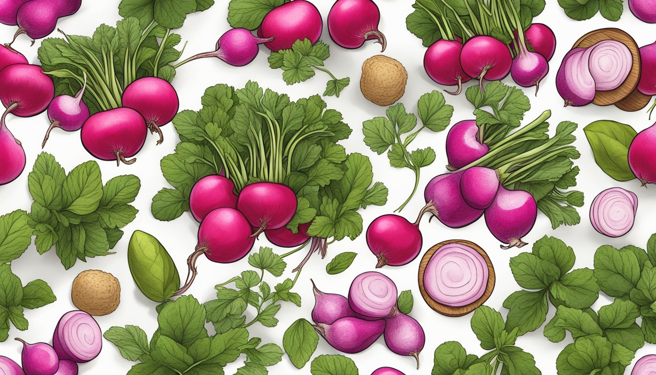 A variety of herbs and spices arranged around a bunch of French breakfast radishes