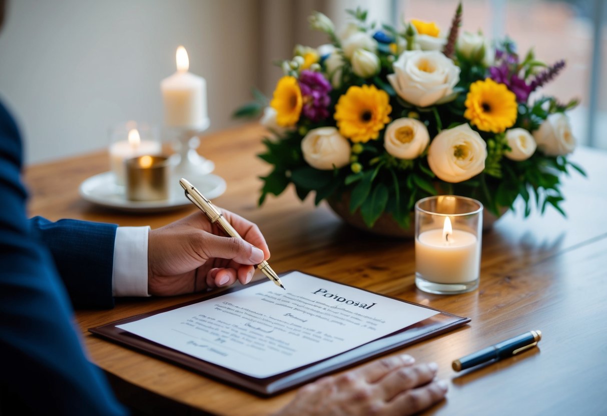 An officiant proposal with pen, paper, and a decorative arrangement of flowers and candles on a wooden table