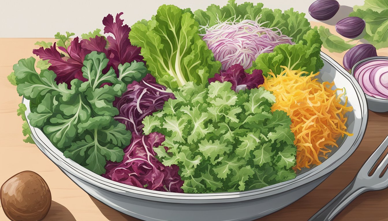 A bowl of frisée lettuce surrounded by colorful alternative salad ingredients like kale, spinach, arugula, and radicchio