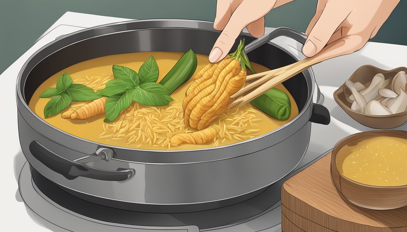 A chef grating fresh galangal into a steaming pot of Thai curry