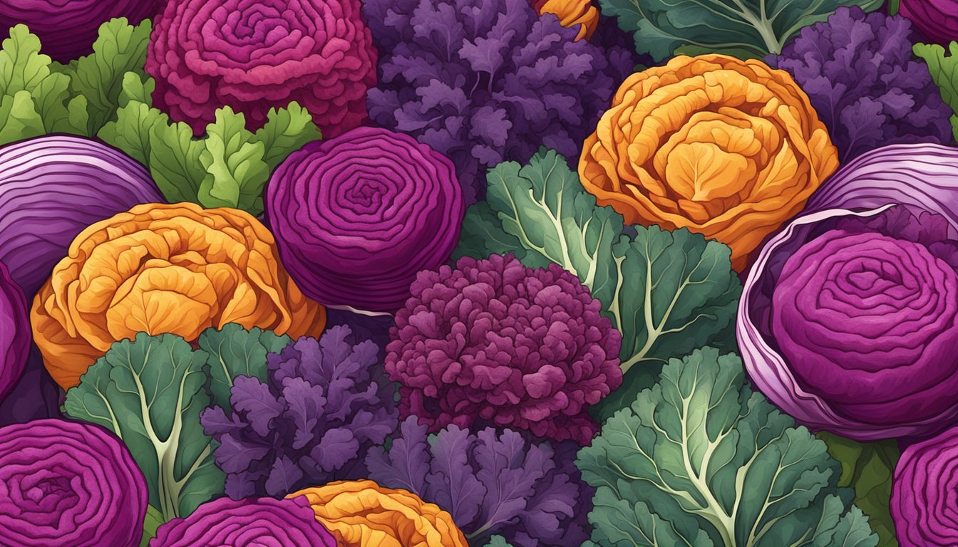 A colorful array of frise substitutes, including red cabbage, radicchio, and purple kale, arranged in a vibrant and varied composition