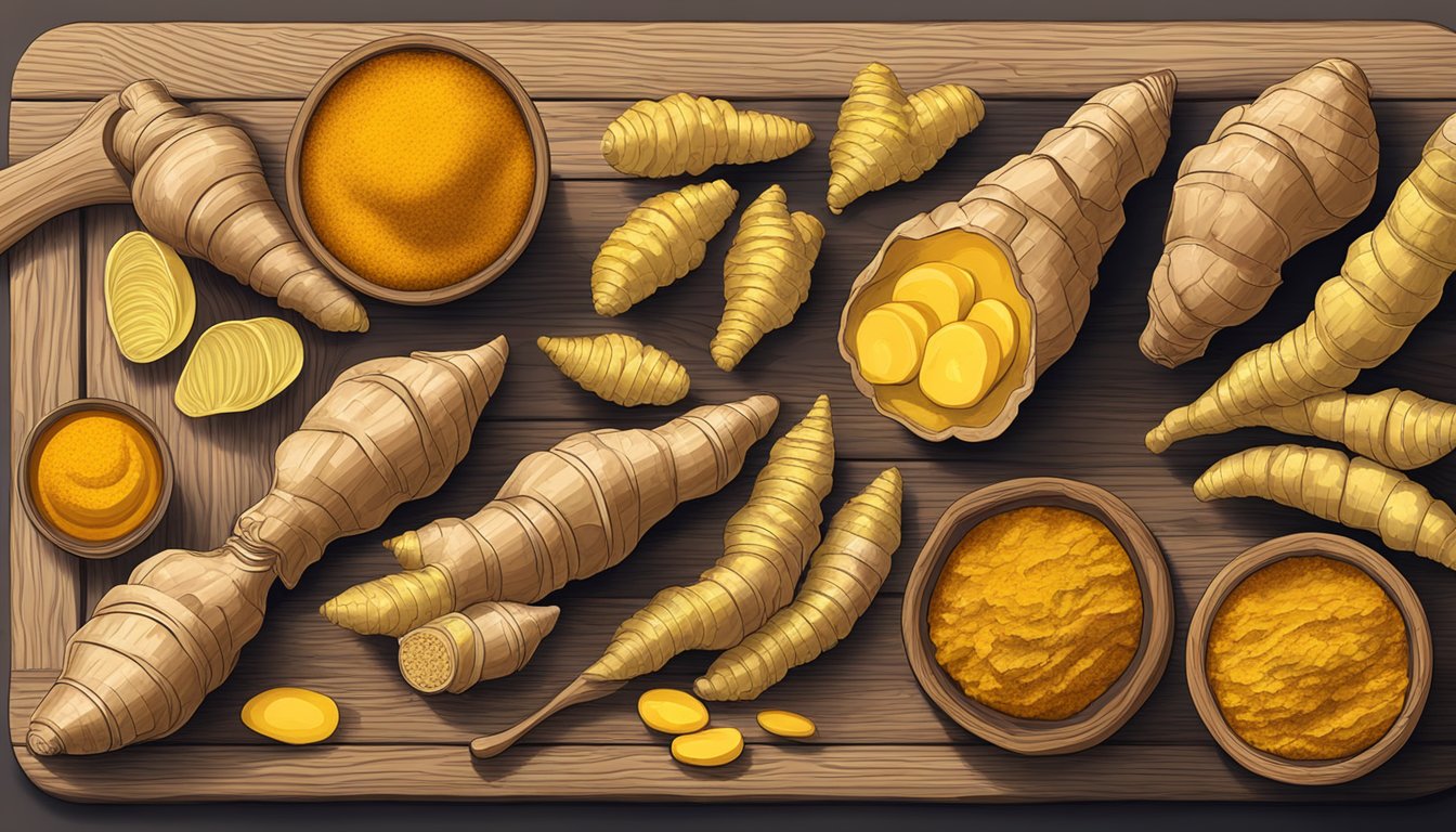 Fresh ginger and turmeric roots arranged on a wooden cutting board