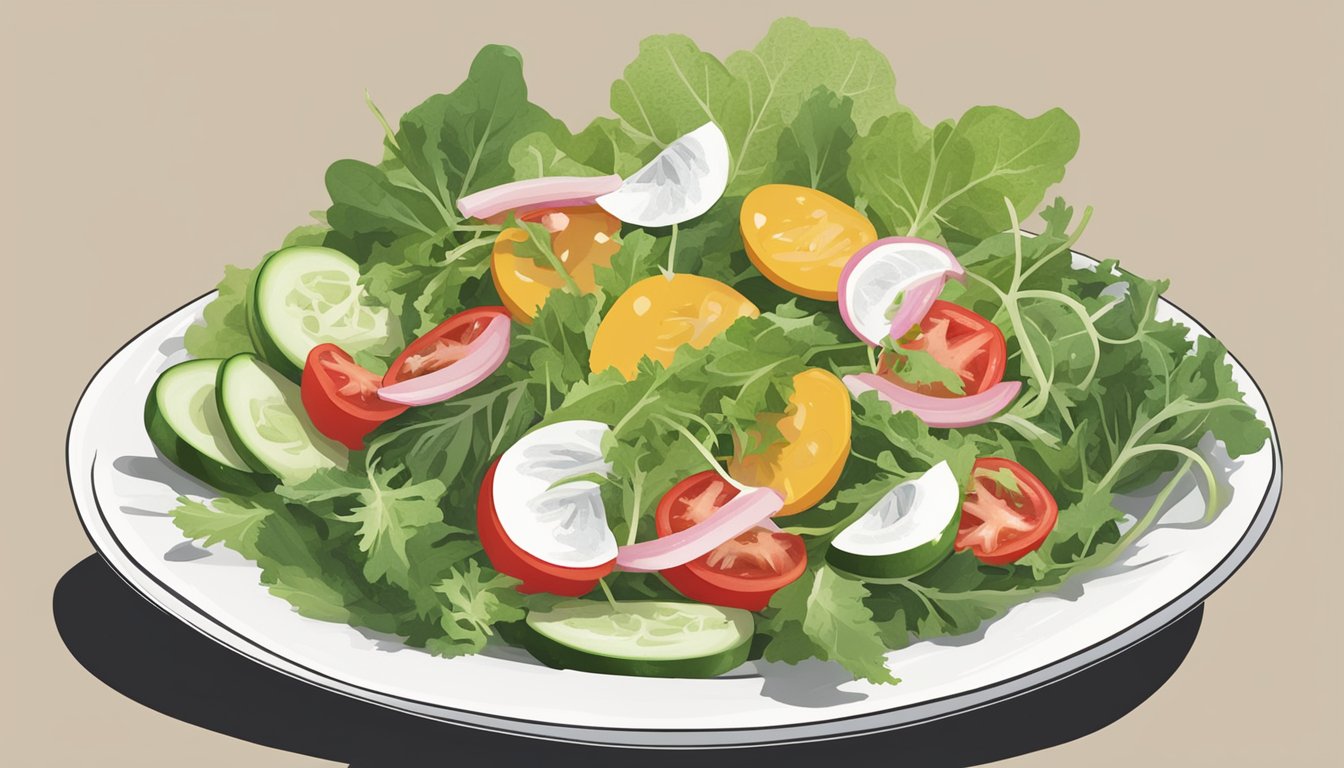 A bowl of mixed greens, cherry tomatoes, and cucumber slices topped with thinly sliced French breakfast radish substitutes, all drizzled with vinaigrette