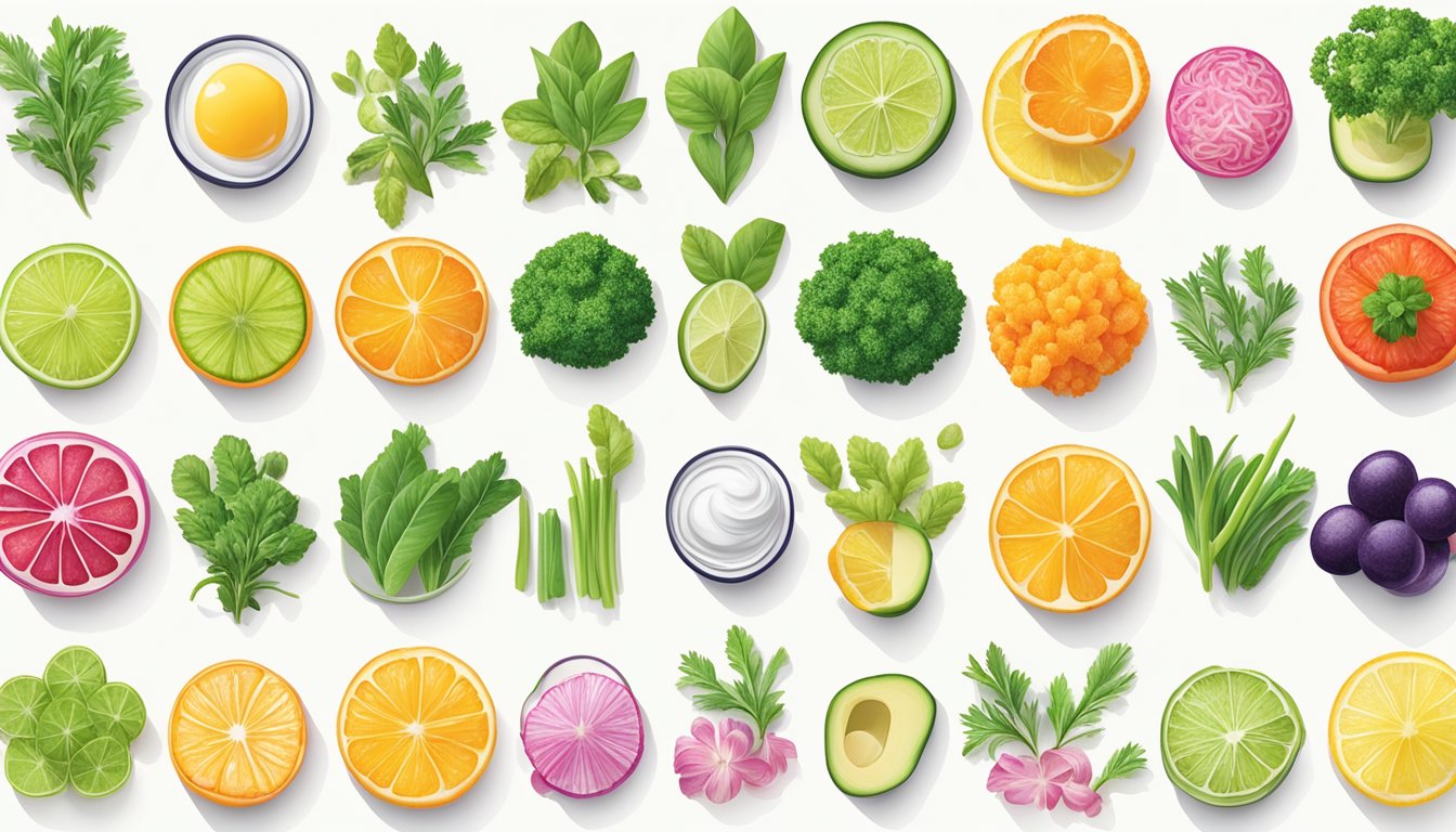 A colorful array of fresh frise substitutes and various garnishes arranged on a clean, white surface