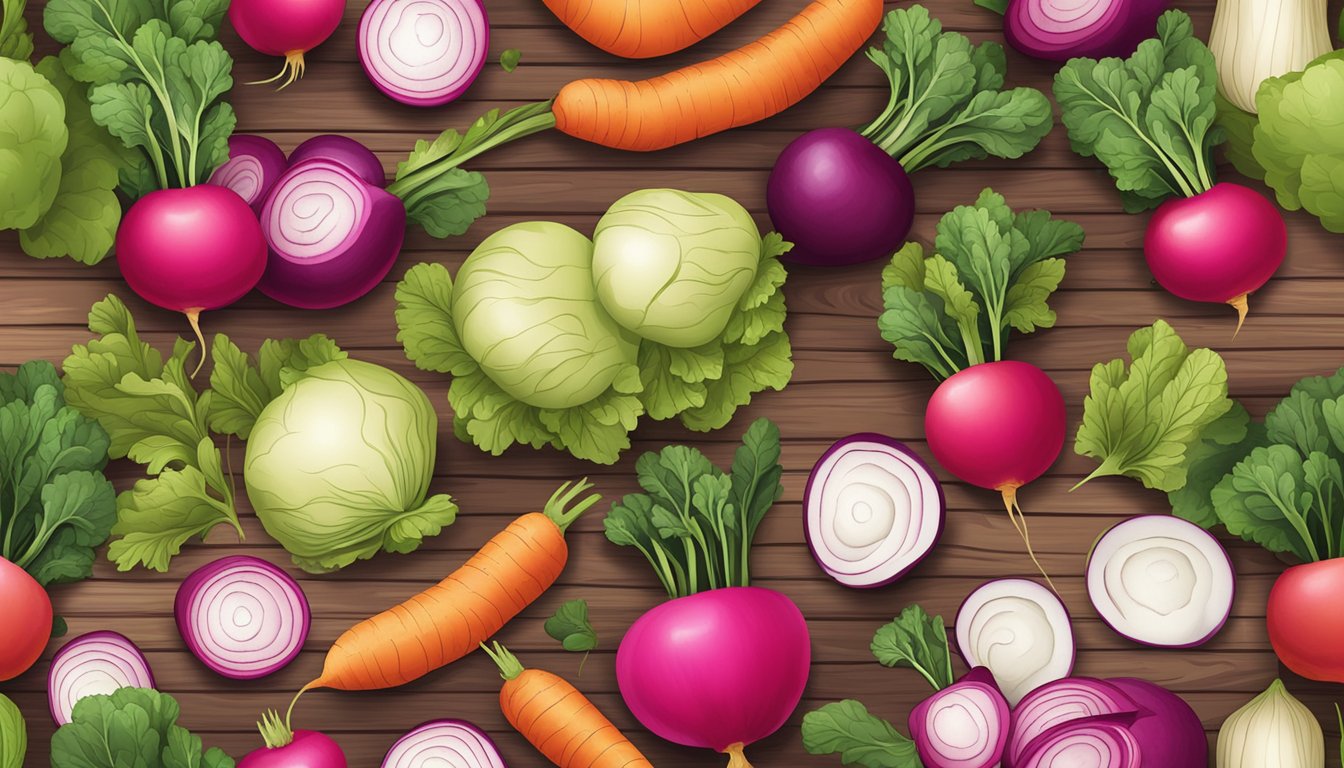 A variety of fresh vegetables, including colorful radishes, arranged on a wooden cutting board