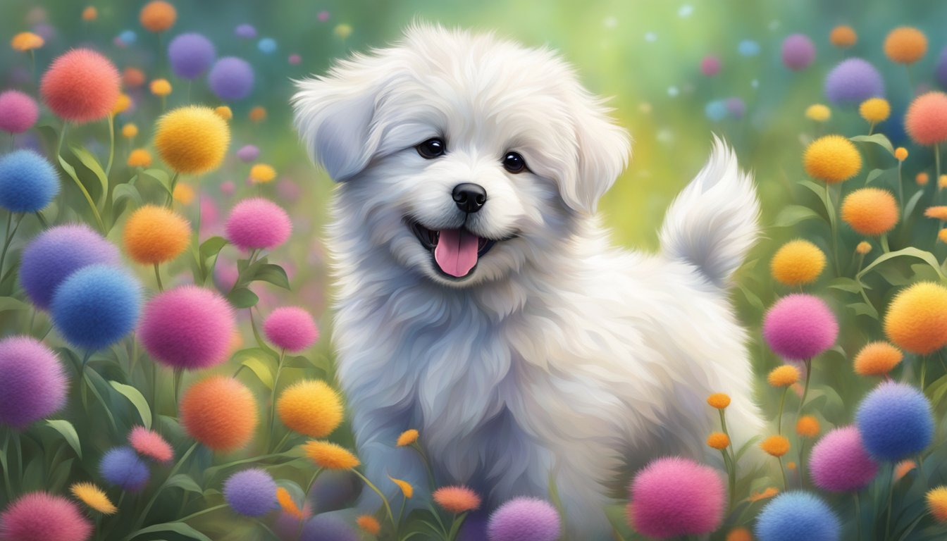 A playful puppy surrounded by vibrant, fluffy frise substitutes, eagerly wagging its tail in anticipation