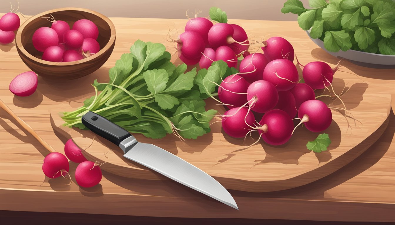 Fresh radishes and various substitutes arranged on a wooden cutting board with a knife and bowl in the background