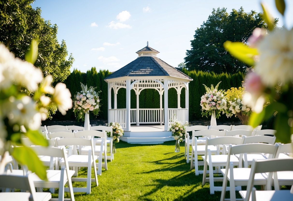 A sunlit garden with blooming flowers and a white gazebo set up for a wedding ceremony