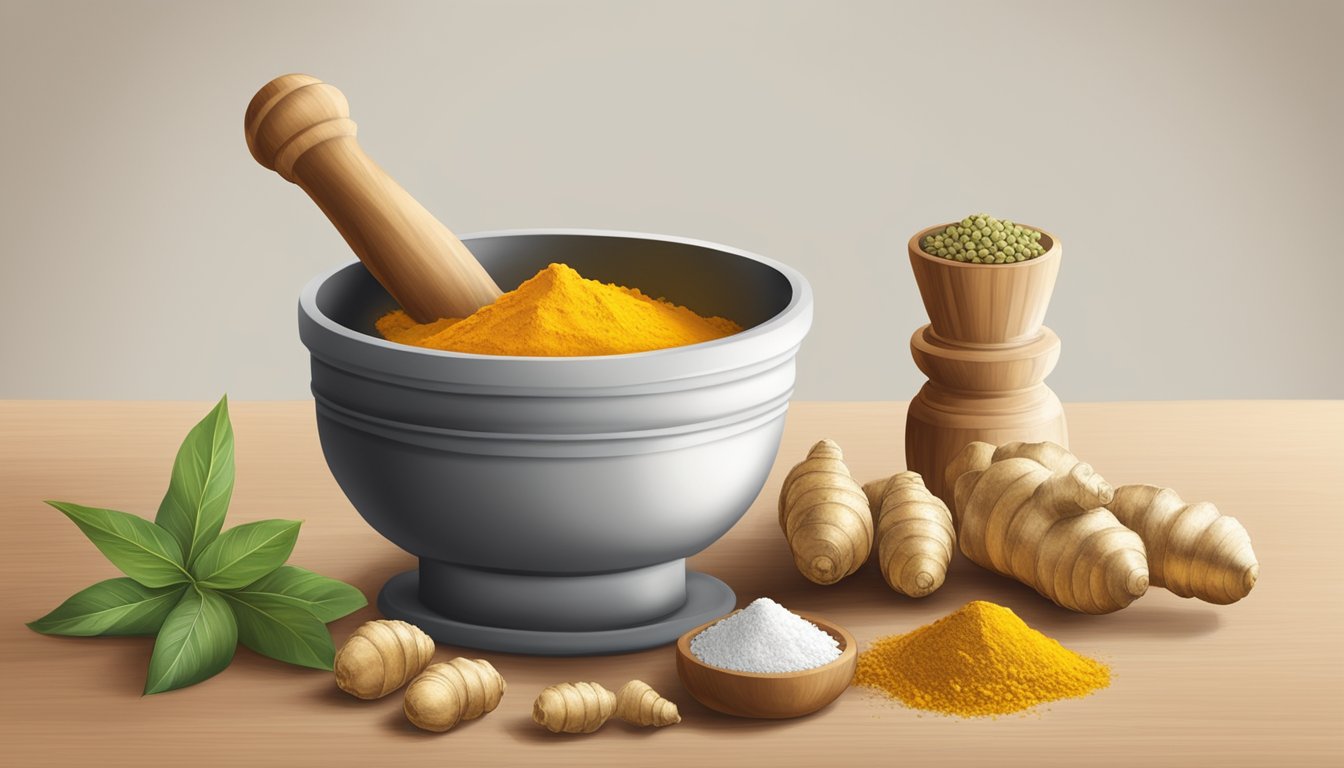 A kitchen counter with fresh ginger, turmeric, and cardamom displayed next to a mortar and pestle