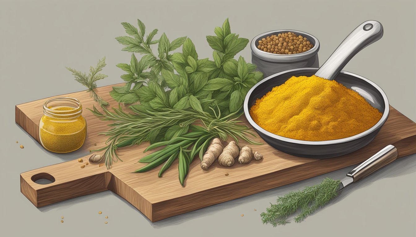 A kitchen counter with various herbs and spices, including ginger and turmeric, next to a cutting board and knife