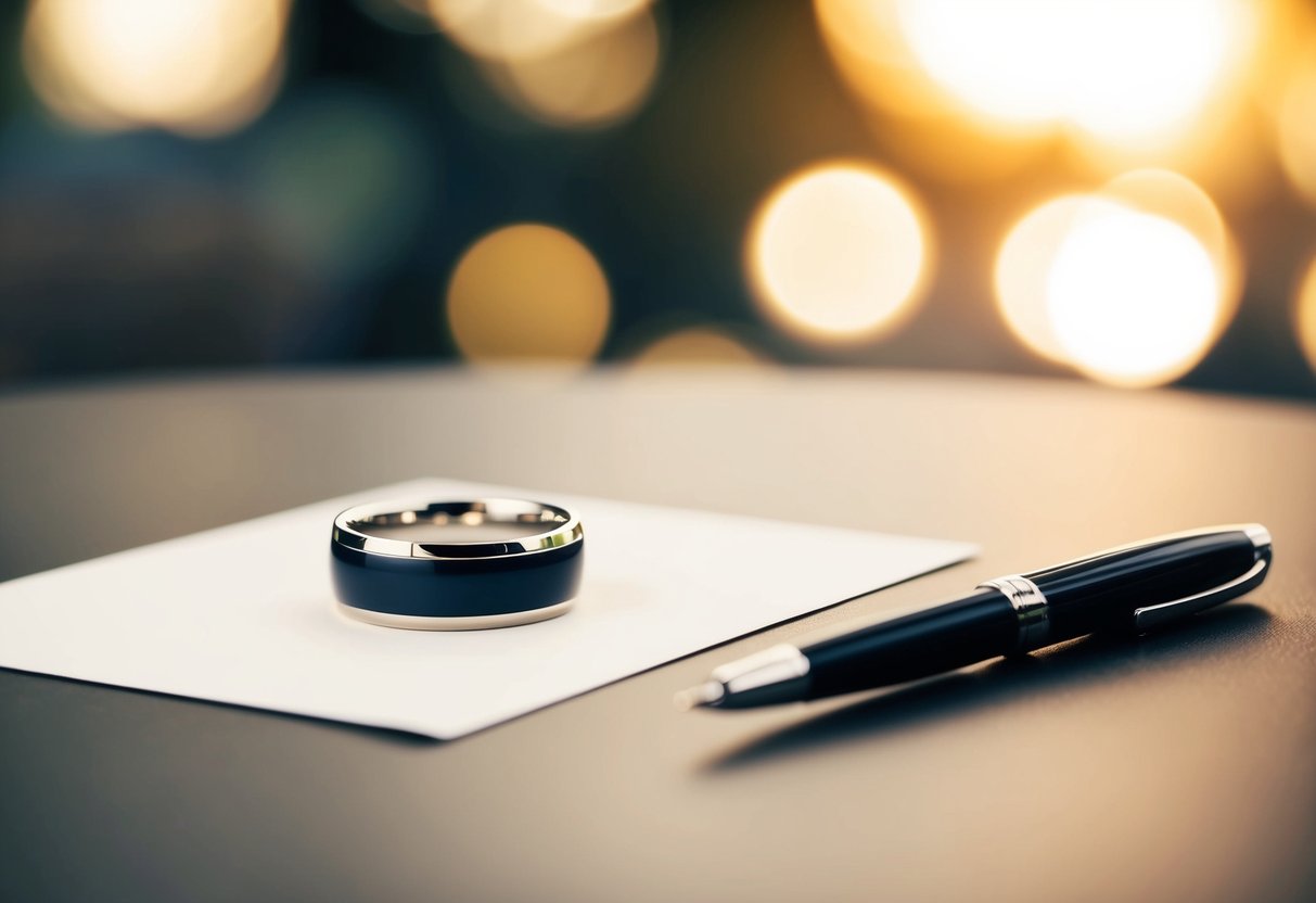 A wedding ring placed on a table with a pen and a piece of paper for signing