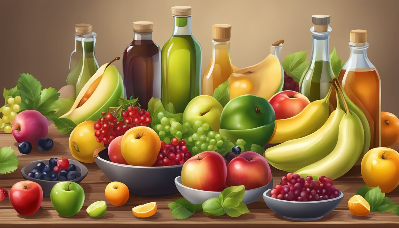 A variety of fruits (apples, berries, citrus) and bottles of vinegar arranged on a wooden table. A bowl of salad and a dish of pickled vegetables nearby