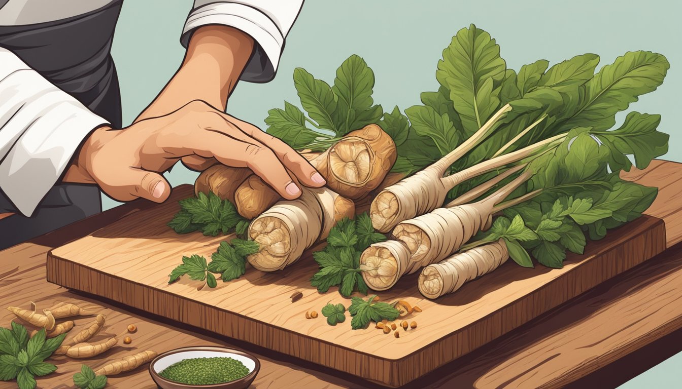 A chef reaching for galangal, with various herbs and spices on a wooden cutting board