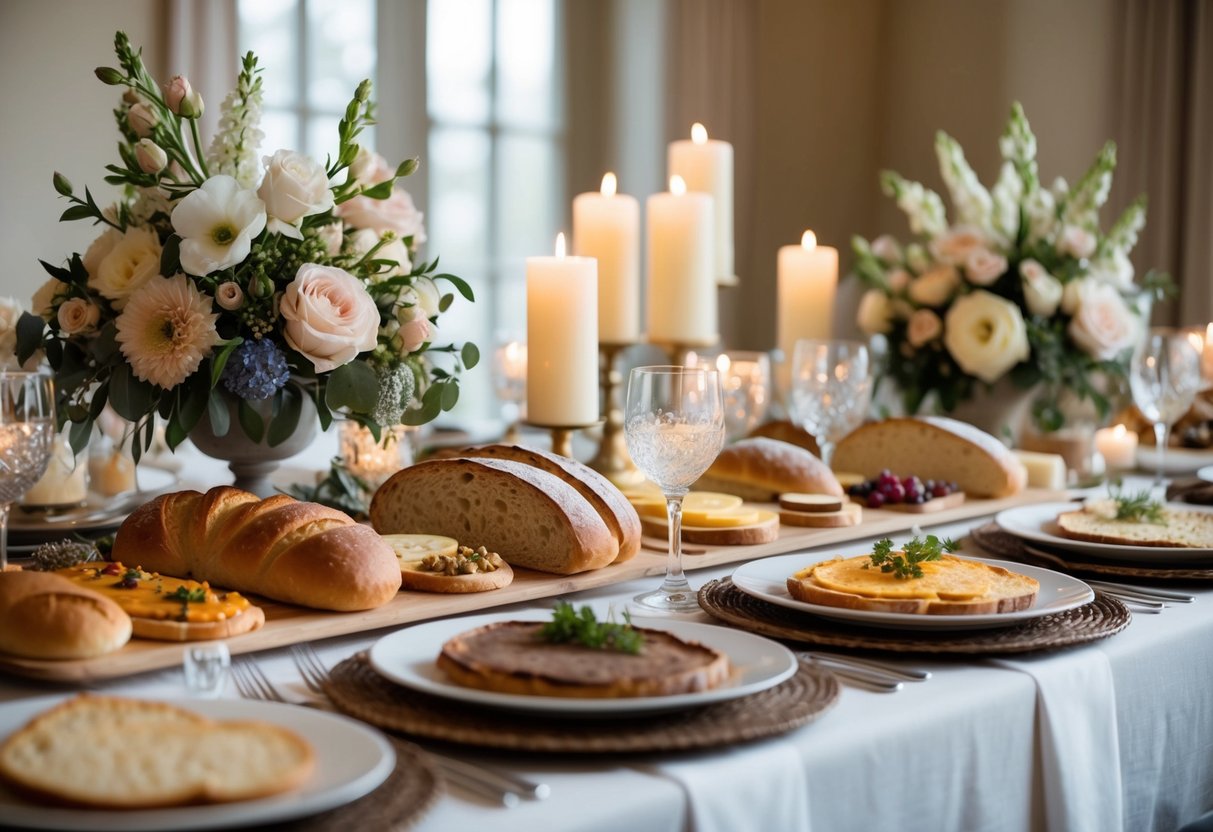 A beautifully set table with a variety of breads, spreads, and toppings, surrounded by elegant floral arrangements and soft candlelight