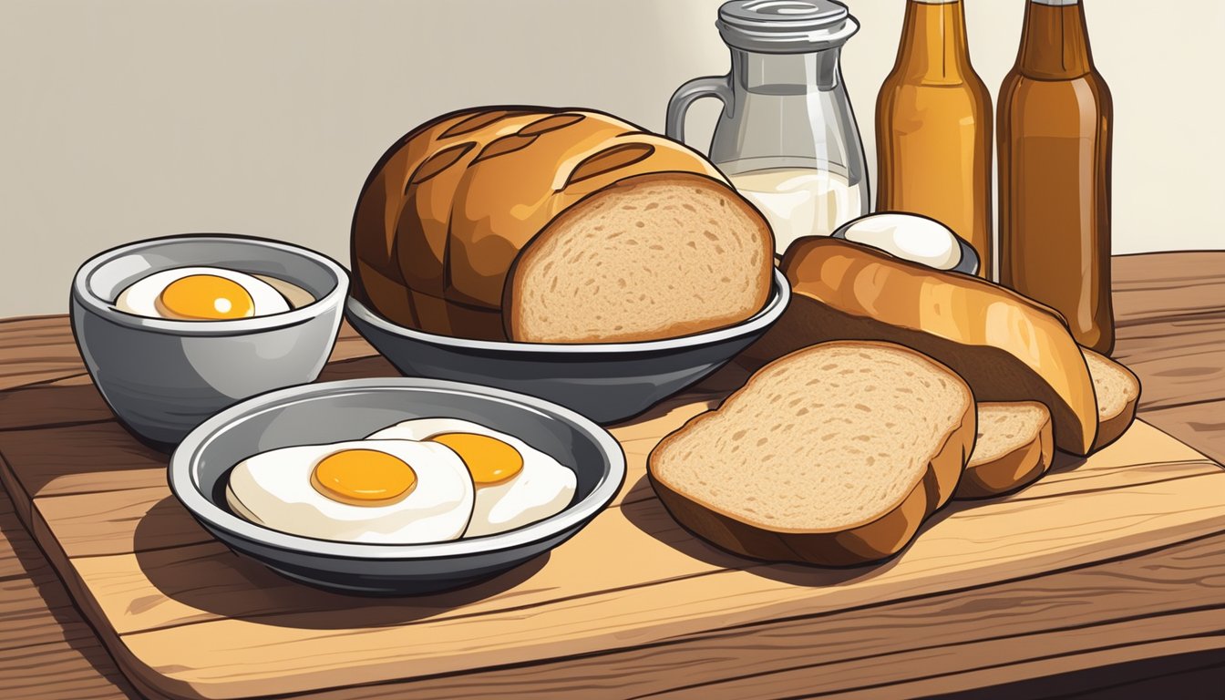 A variety of bread loaves displayed on a wooden cutting board with a bowl of eggs and a bottle of maple syrup nearby